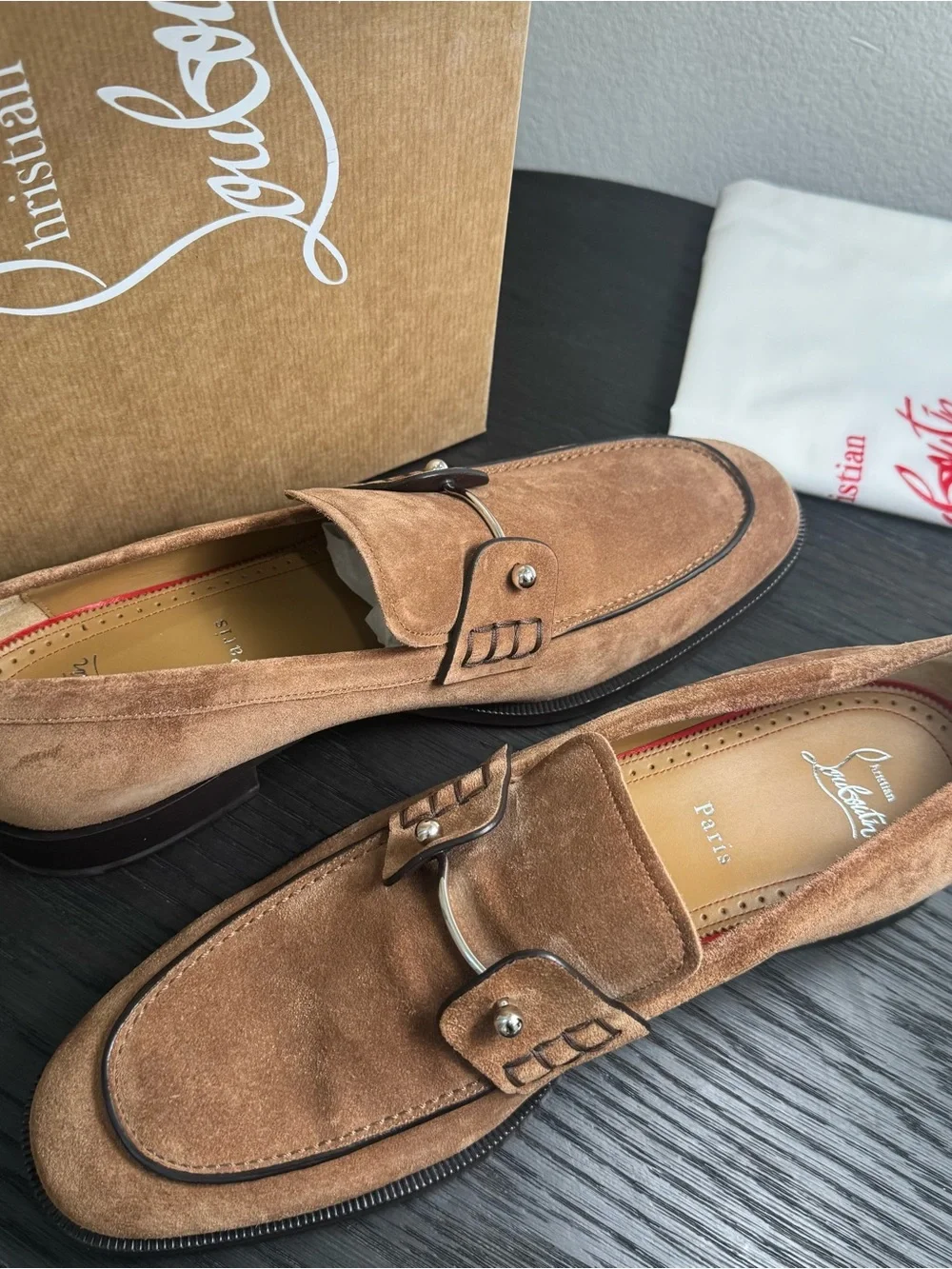 Christian Louboutin Chambelimoc Loafer Dress Shoes Suede Brown 43
